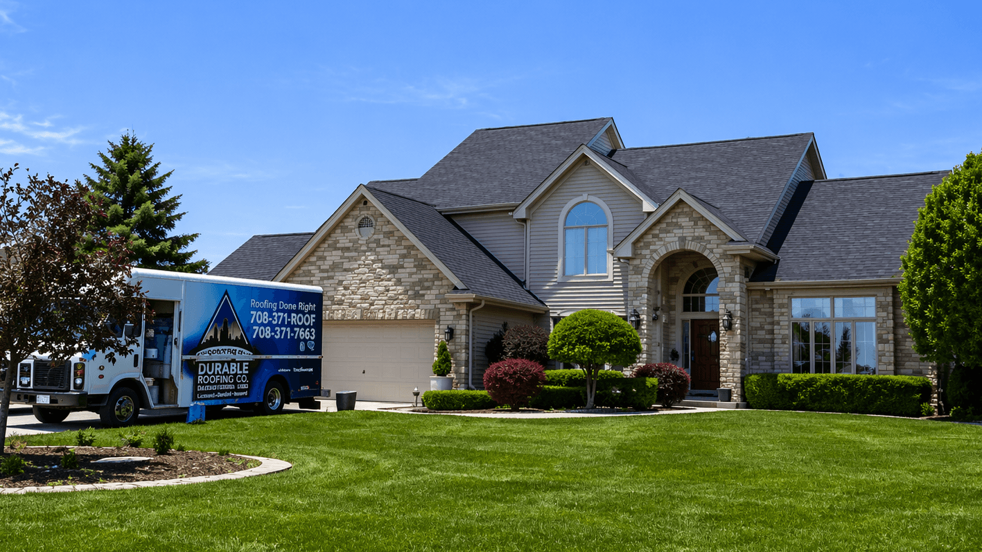 Residential roof with multiple levels and truck in driveway
